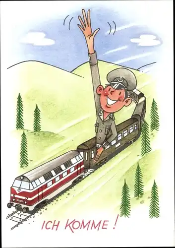 Künstler Ak Berein, Harry, Ich komme, NVA Soldat auf dem Heimweg, Eisenbahn