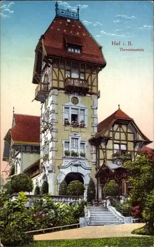 Ak Hof an der Saale Oberfranken Bayern, Theresienstein, Außenansicht mit Turm