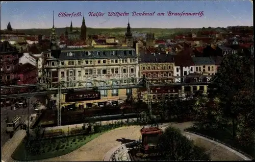 Ak Wuppertal in Nordrhein Westfalen, Kaiser Wilhelm Denkmal am Brausenwerth, Schwebebahn