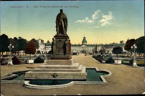 Ak Karlsruhe in Baden, Karl-Friedrich-Denkmal, Schloss