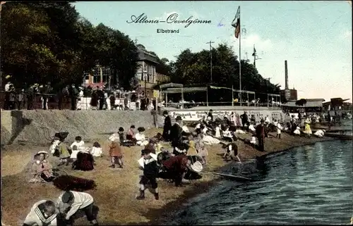 Ak Hamburg Altona Oevelgönne, Elbstrand, Badegäste, Promenade, Fahne