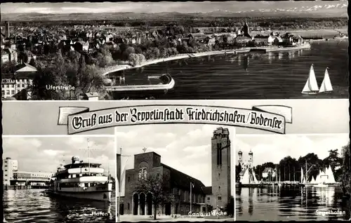 Ak Friedrichshafen am Bodensee, Zeppelinstadt, Uferstraße, Hafen, Canisiuskirche, Segelhafen
