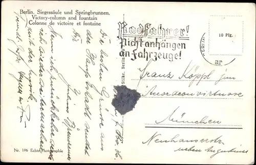 Ak Berlin Tiergarten, Siegessäule, Springbrunnen
