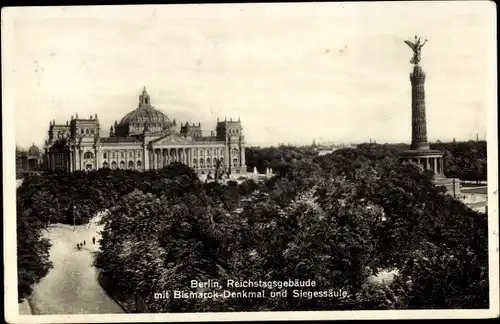 Ak Berlin Tiergarten, Reichstagsgebäude, Bismarck-Denkmal, Siegessäule