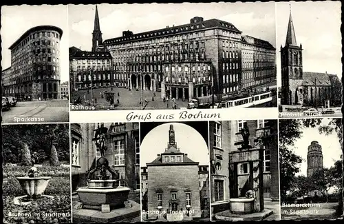 Ak Bochum im Ruhrgebiet, Prosteikirche, Sparkasse, Brunnen, Stadtpark, Bismarckturm, Rathaus