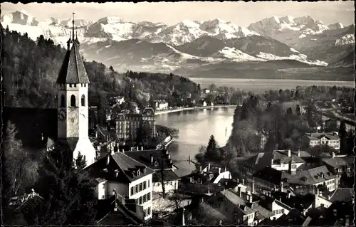 Ak Thun Kanton Bern Schweiz, Panorama, Kirche, Alpenkette