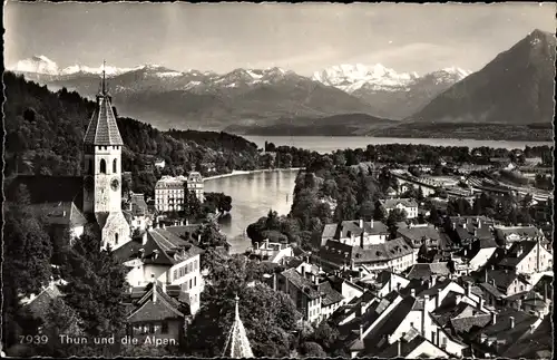 Ak Thun Kanton Bern Schweiz, Panorama, Kirche, Alpenkette