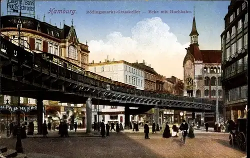 Ak Hamburg Mitte Altstadt, Rödingsmarkt, Grasskeller, Ecke mit Hochbahn