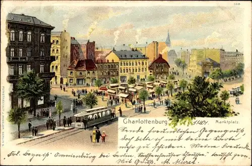 Litho Berlin Charlottenburg, Marktplatz mit Straßenbahn