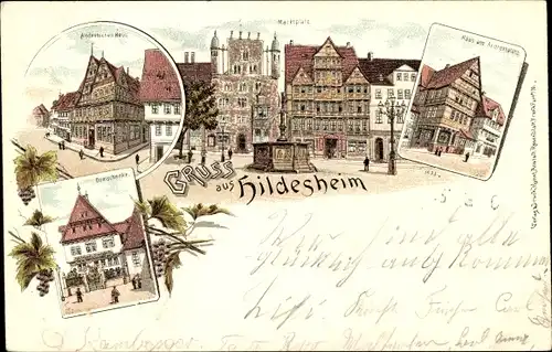 Litho Hildesheim Leine, Markt, Domschenke, Andreasplatz