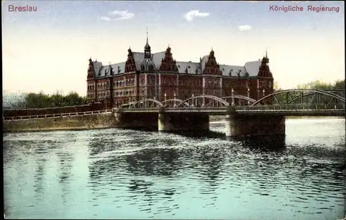 Ak Wrocław Breslau Schlesien, Königliche Regierung, Oderseite, Brücke