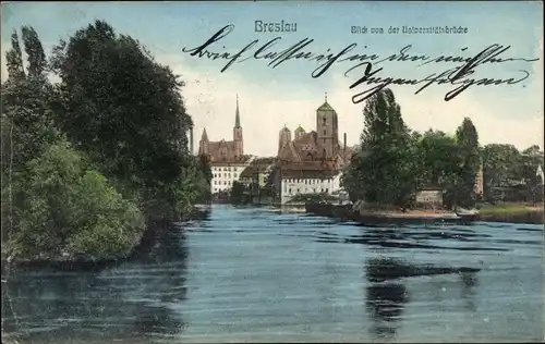 Ak Wrocław Breslau Schlesien, Wasserpartie, Universitätsbrücke