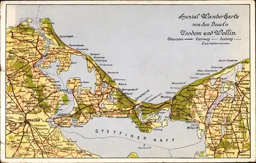 Landkarten Ak Insel Usedom, Wanderkarte, Wollin, Stettiner Haff