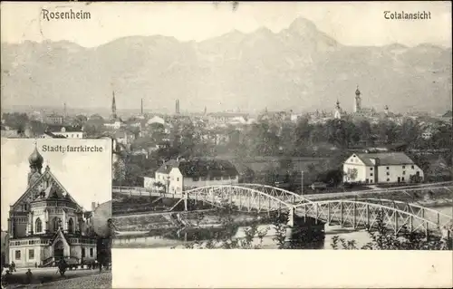 Ak Rosenheim Oberbayern, Totalansicht, Stadtpfarrkirche