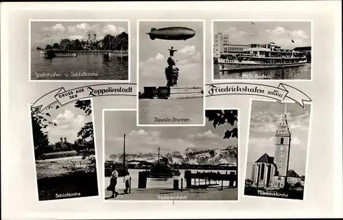 Ak Friedrichshafen am Bodensee, Zeppelin, Yachthafen, Schlosskirche, Dampfer