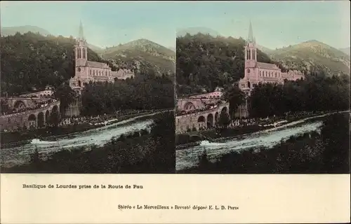 Stereo Ak Lourdes Hautes Pyrénées, Basilika, Route de Pau