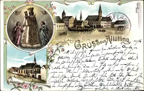 Litho Altötting in Oberbayern, Maria mit Jesuskind, Marktplatz, Kirche, Straßenpartie