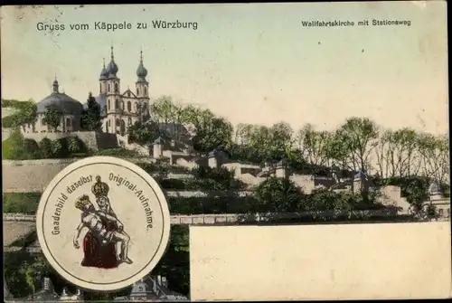 Ak Würzburg am Main Unterfranken, Gruss vom Käppele, Wallfahrtskirche mit Stationsweg, Gnadenbild