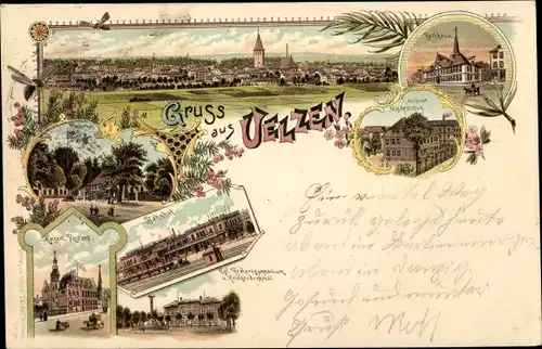 Litho Uelzen in Niedersachsen, Totalansicht, Fischerhof, Bahnhof, Postamt, Rathaus, Gymnasium