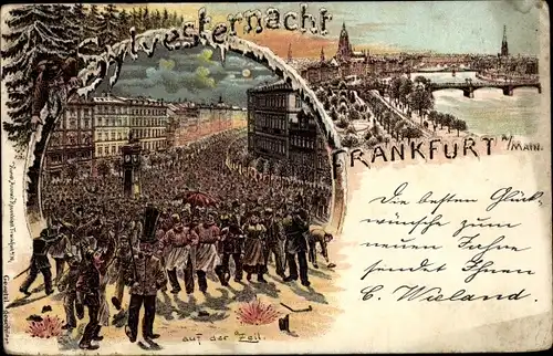 Winter Litho Frankfurt am Main, Glückwunsch Neujahr,Auf der Zeil, Stadtblick, Brücke, Silvesternacht