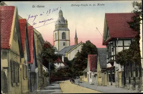 Ak Gross Gerau Rhein Main Gebiet, Hellwig Straße mit evangelischer Kirche