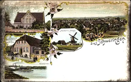 Litho Schweringen in Niedersachsen, Schule, Molkerei, Mühle, Gasthof, Weserpartie