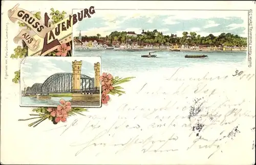 Litho Lauenburg an der Elbe, Gesamtansicht, Brücke