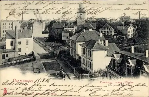 Ak Neumünster in Holstein, Panorama, evangelische Kirche