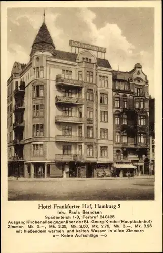 Ak Hamburg Mitte Sankt Georg, Hotel Frankfurter Hof, Spadenteich 1-3, Inh. Paula Berndsen