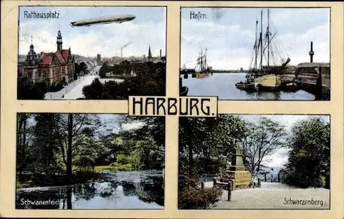 Ak Hamburg Harburg, Rathausplatz, Hafen, Schwanenteich, Schwarzenberg