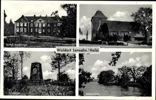 Ak Lensahn in Holstein, Schloss Güldenstein, Ehrenmal, Kirche, Mühlenteich