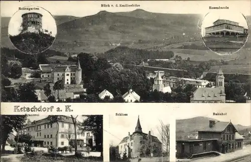 Ak Kaczorów Ketschdorf an der Katzbach Schlesien, Schloss, Bahnhof, Rosenbaude, Rosengarten