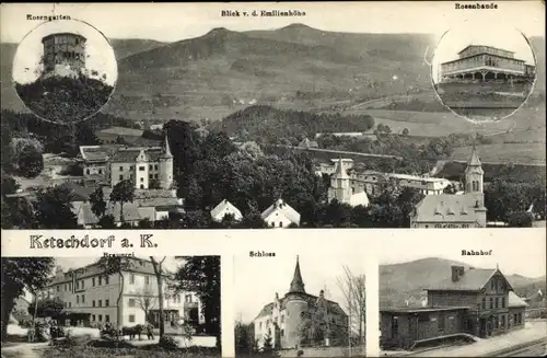 Ak Kaczorów Ketschdorf an der Katzbach Schlesien, Schloss, Bahnhof, Rosenbaude, Rosengarten