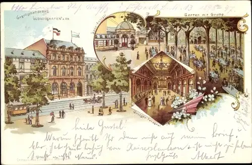 Litho Ludwigshafen am Rhein, Gesellschaftshaus, Garten, Grotte, Tanzsaal