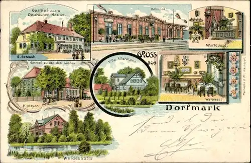 Litho Dorfmark Bad Fallingbostel, Gasthof zum Deutschen Hause, Drei Linden, Bahnhof, Villa Allermann
