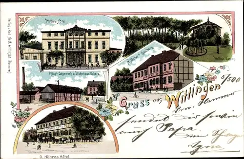 Litho Wittingen in Niedersachsen, Willies Hotel, Pflug's Sägewerk, Wohnhaus Oekers, G. Nöhres Hotel