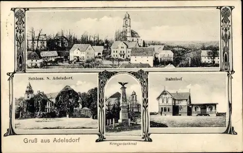 Jugendstil Ak Zagrodno Adelsdorf Schlesien, Schloss, Bahnhof, Kriegerdenkmal