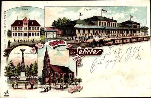 Litho Lehrte in Niedersachsen, Schule, Bahnhof Gleisseite, Kirche, Kriegerdenkmal