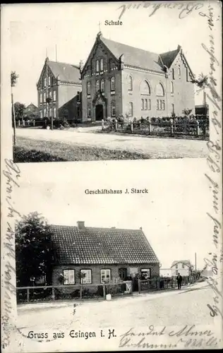 Ak Esingen Tornesch in Holstein, Schule, Geschäftshaus J. Starck