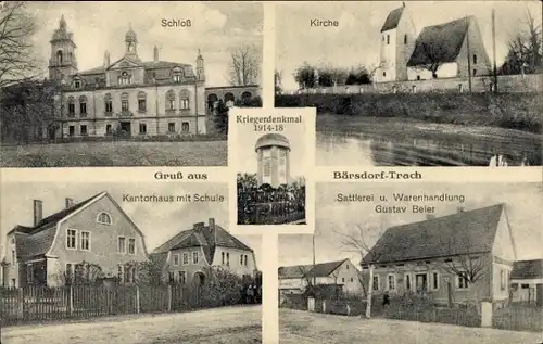 Ak Niedźwiedzice Bärsdorf Trach Niederschlesien, Schloss, Kirche, Sattlerei Gustav Beier, Kantorhaus