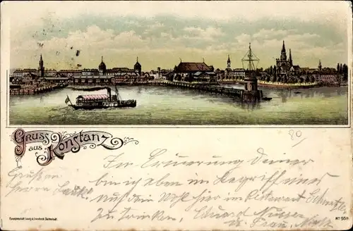 Litho Konstanz am Bodensee, Panorama, Dampfer