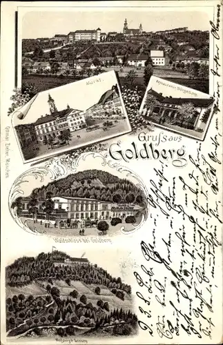 Litho Złotoryja Goldberg Schlesien, Gesamtansicht, Waldschloss, Markt
