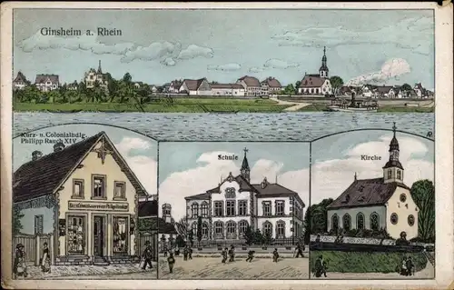 Ak Ginsheim Gustavsburg am Rhein, Schule, Kirche, Kolonialwarenhandlung, Pernat