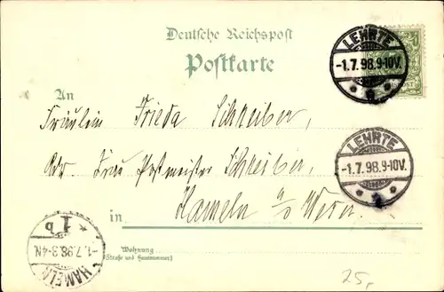 Litho Lehrte in Niedersachsen, Schule, Bahnhof Gleisseite, Kirche, Kriegerdenkmal