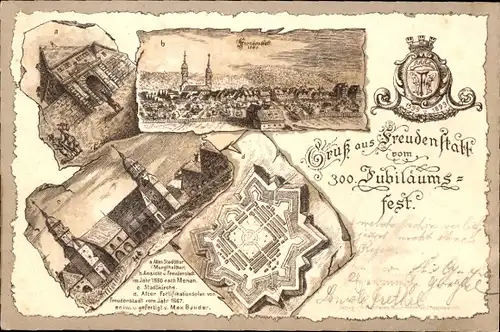 Litho Freudenstadt im Nordschwarzwald, 300. Jubiläumsfest 1899, Stadttor, Stadtkirche