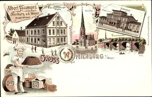 Litho Nienburg an der Weser, Firma Albert Facompre, Bisquitstraße, Konditor, Bahnhof, Kirche