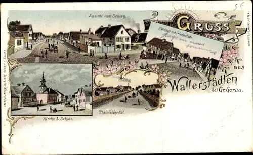 Litho Wallerstädten Groß Gerau in Hessen, Ansicht vom Schlag, Rathaus, Rheinfelder Hof, Kirche