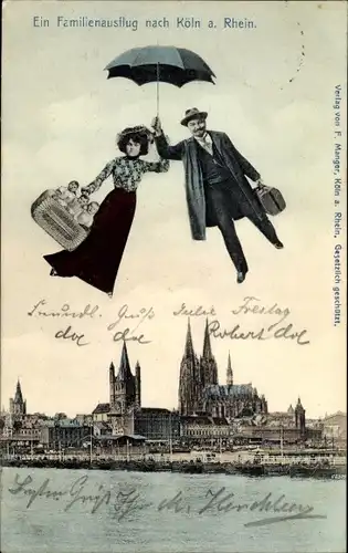 Ak Köln am Rhein, Ein Ausflug nach Köln, Stadt, Dom, fliegendes Paar mit Schirm