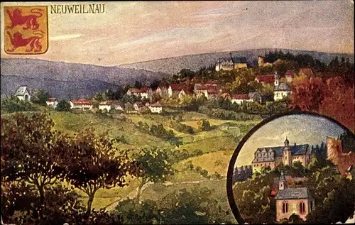 Künstler Ak Rothgeb, Gg., Neuweilnau Weilrod Hochtaunuskreis, Panorama, Wappen, Burg, Oberförsterei