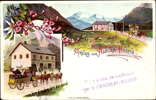 Litho Albula Alvra Graubünden, Albula Hospiz, Postkutsche, Blumen